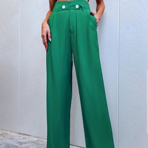 High-waist green wide leg pants - Picture 3 of 7